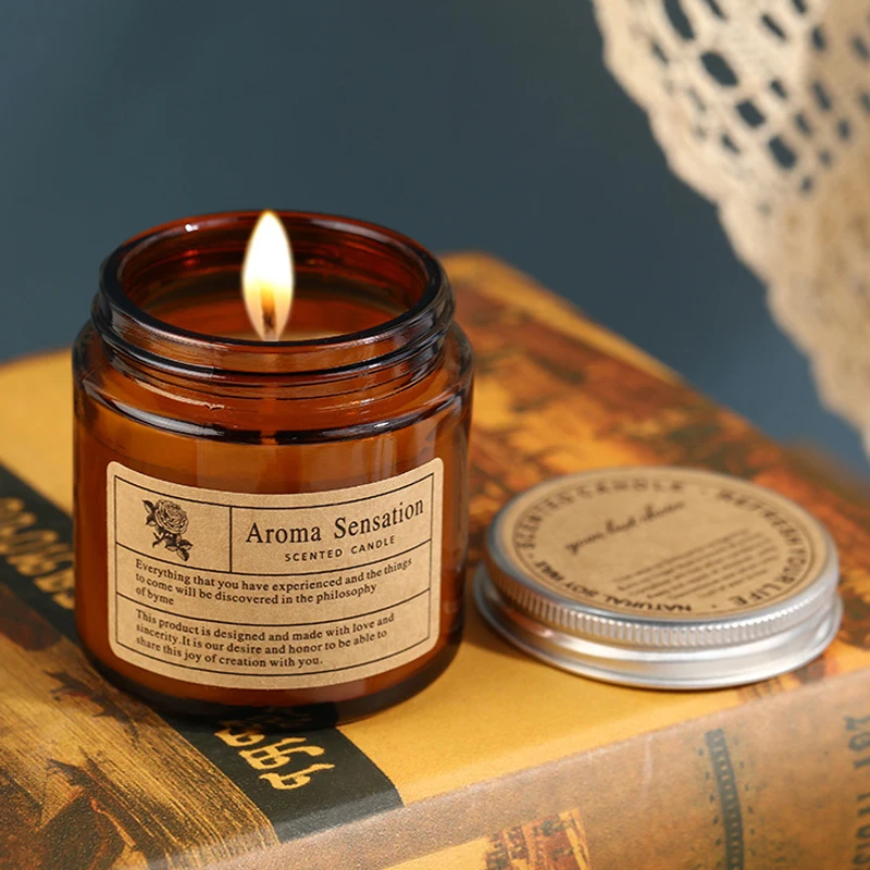 Custom Brown Glass Cups With Lid Aromatherapy Candles Wholesale Home Decor Smokeless Plant Wax Scented Candle