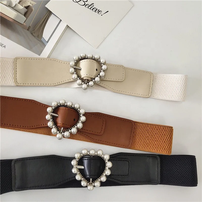 Heart Shape Pearls Buckle Belts for Women Fashion Elastic Ladies Corset Waistband for Dress