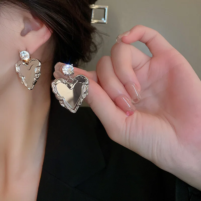 Korean Earrings Silver Color Heart Bling Zircon Stone Stud Earrings for Women Fashion Jewelry 2022 Trend