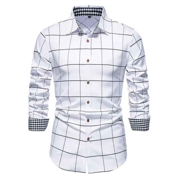 New Mens Social Shirts Autumn And Winter Casual Plaid Stitching Long-sleeved Single-Breasted Lapel Fashion Shirt