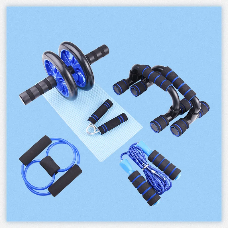 2025 New Exercise Arm Abdominal Muscle Roller Wheel Push-up Seven-piece Set Kit With Thickened Knee Mat Blue-black Workout Gym
