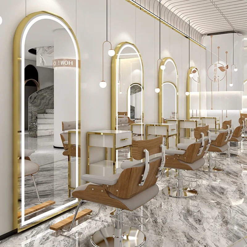 European Style Wall-Mounted Barber Shop Hair Cutting Mirror Modern LED Light Simple Glass Salon Mirror