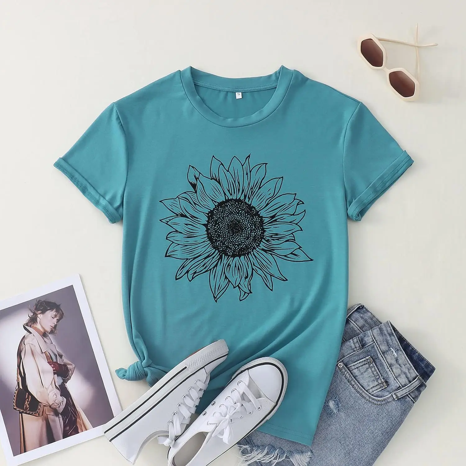 Sunflower Stylish T Shirts for Women Loose Tee Short Sleeve Tee