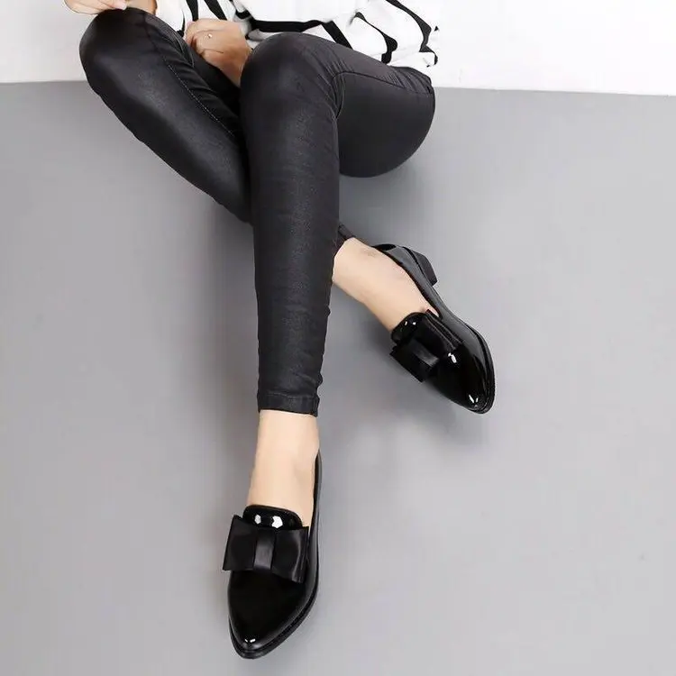 Elegant Bowknot Pump Shoes Ladies PU Leather Women Flat Shoes Pointed Toe Thin Shoes