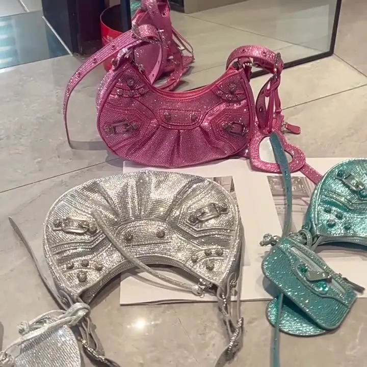 hot sale Fashion B style studded rivet glitter shoulder bag designer luxury silver diamond Motorcycle purse and handbag women