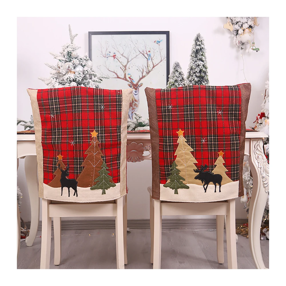 Wholesale red plaid tree pattern xmas chair cover polyester jacquard fabric christmas chair cover