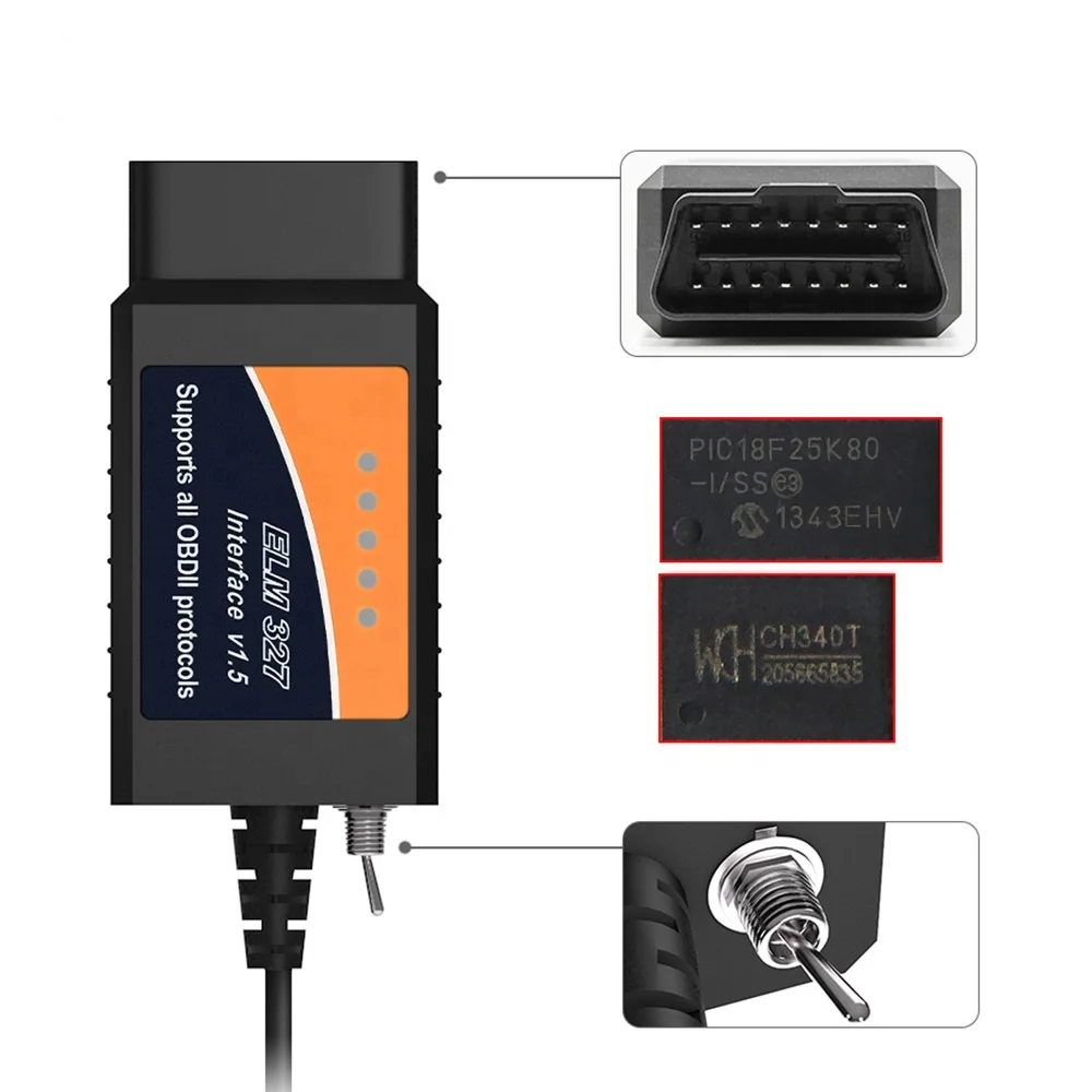 ELM327 USB V1.5 with Switch Car Diagnostic Cable for ELMconfig Forscan CH340+25K80 chip HS-CAN / MS-CAN