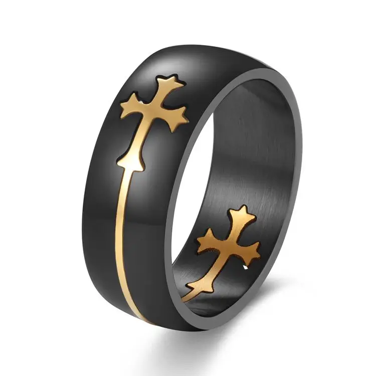 BMZ 316L stainless cross Christmas gifts black PVD rings fashion new detachable cross love black gold ring (1600134549373)
