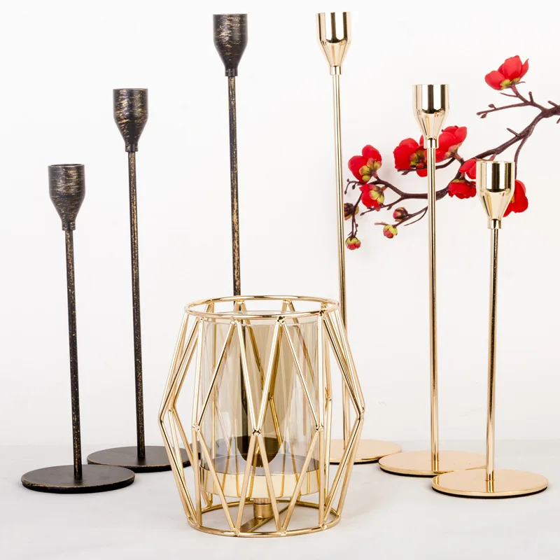 Modern Elegant Style Cylinder Candlestick Holder Home Decor Glass Flower Vase with Geometric Gold Metal Candle Holder
