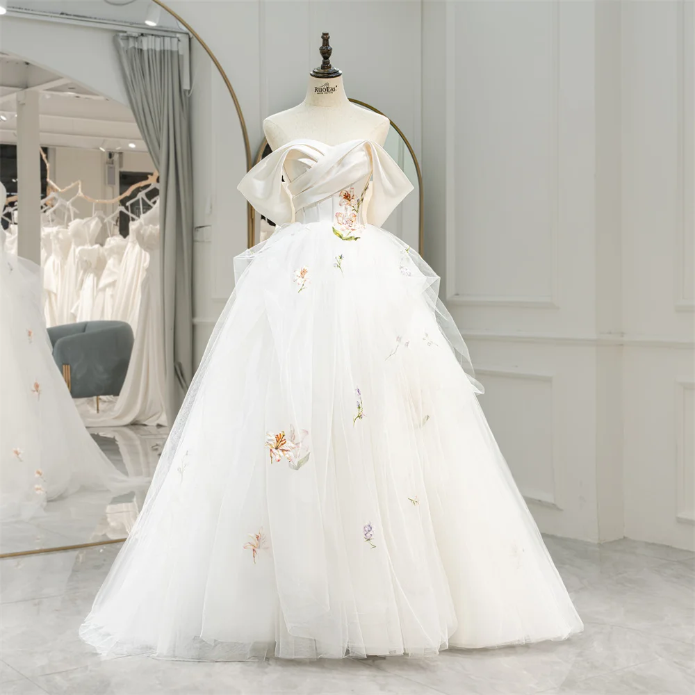 Lily Embroidery Tulle Satin Pleated Off Shoulder Wedding Bride Gown Gowns for Bride RL300-2