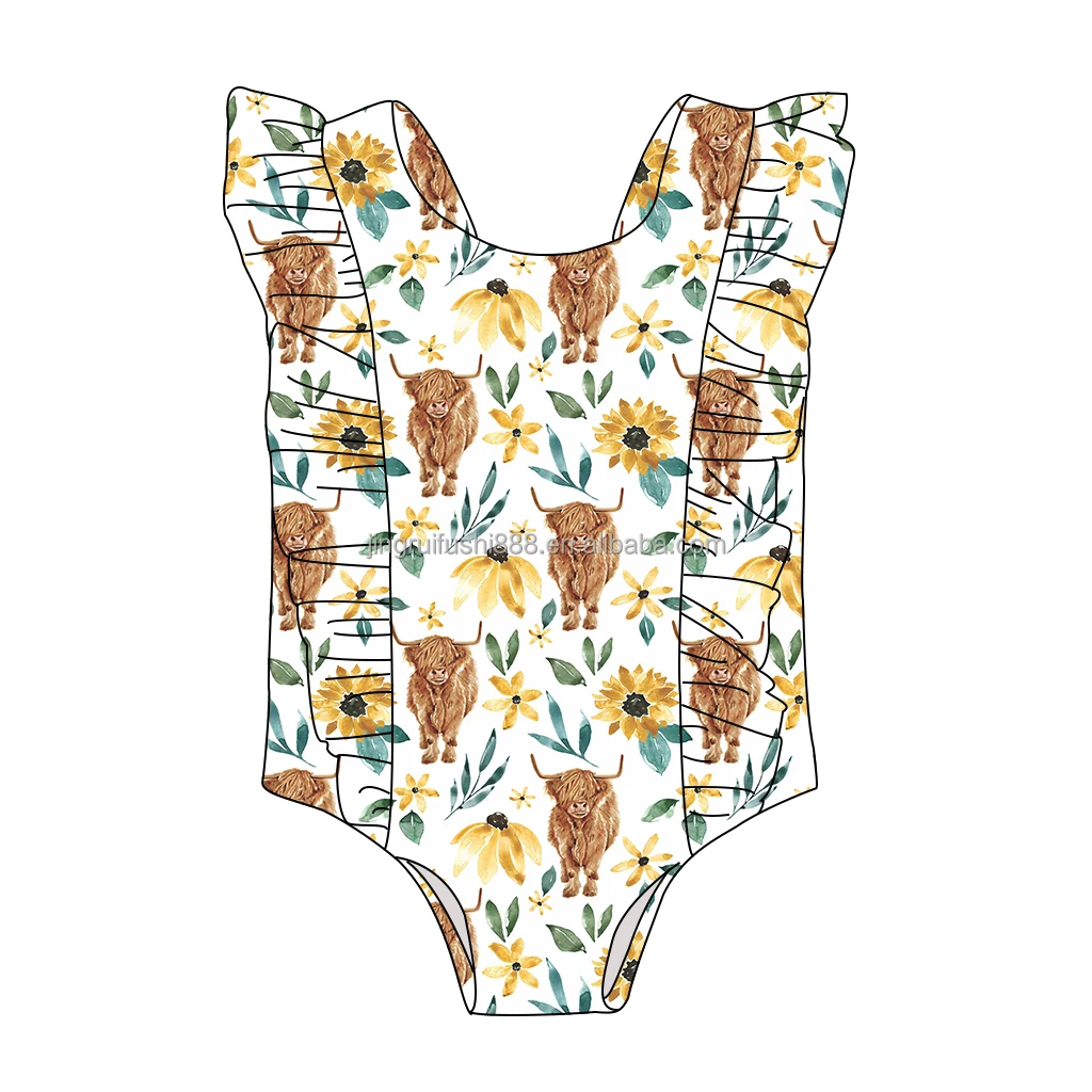 New Arrival  Summer Children Kids  Bathing Suit Ruffled One Piece Cowgirl Pattern Print Baby Girls Swimwear