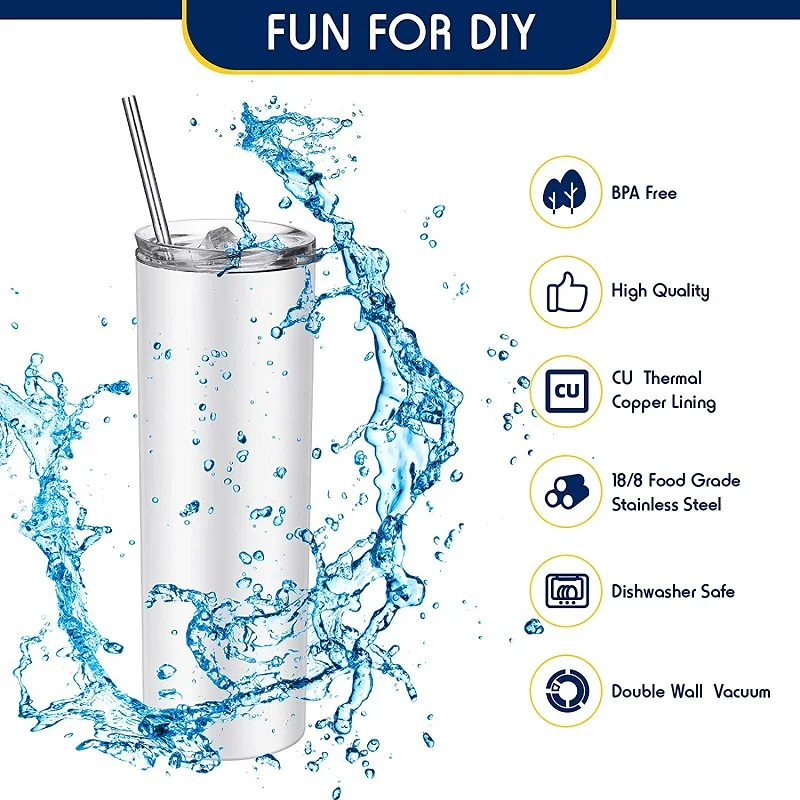 SAVY FREE SHIPPING US Warehouse Skinny Straight Blanks Sublimation Tumbler 20oz With Lids Straw Stainless Steel  Heat Transfer