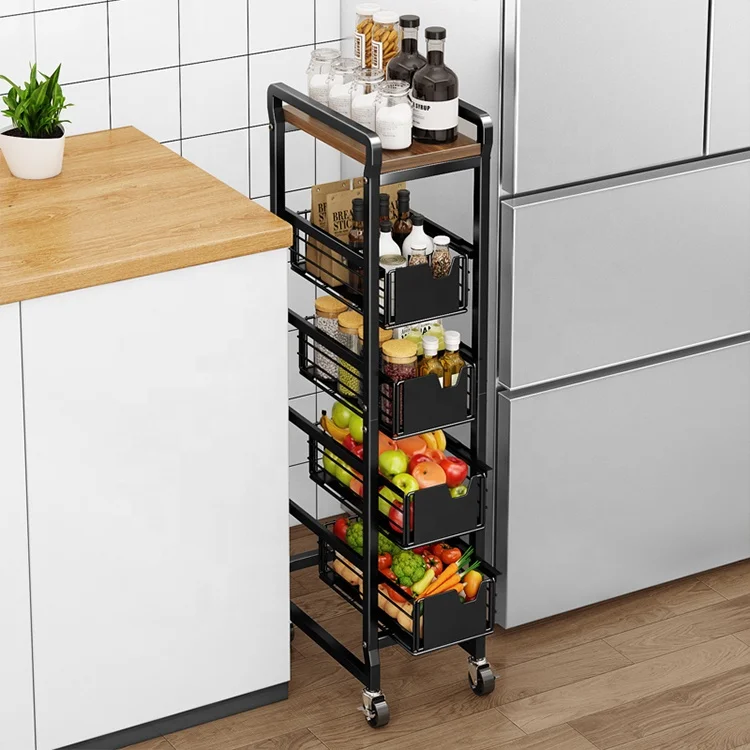 2021 wholesale mobile home 360 degree rotating storage Holder rack 5-tier kitchen shelf vegetable & fruit basket with wheel