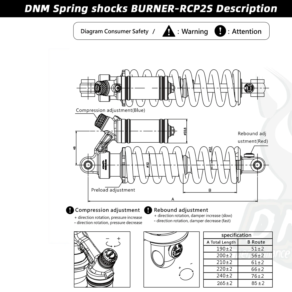 DNM RCP2S Mountain Bike Rear Shock Absorber 550LBS Spring Soft Tail 165mm/190mm/200/210/220/240mm For AM/FR/DH/MTB Bicycle Shock