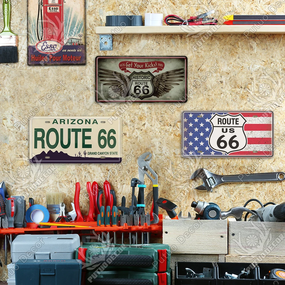Putuo Decor Route 66 Car License Plate Metal Sign America Tin Printing Sign Garage Man Cave Decor