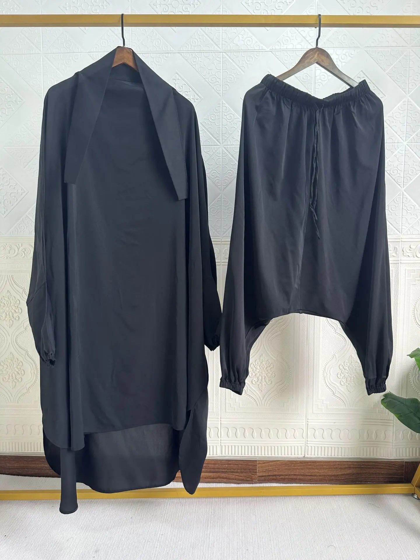 Solid/Basic Chador 2 Piece Hijab Pant Set Women Abaya Dubai Modest Abaya And Khimar Set