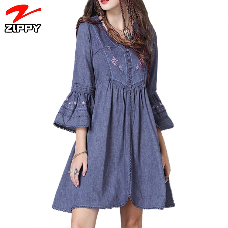 Boho Women Clothing Asymmetrical Embroidery Dresses Long Sleeve V-Neck Cotton Dress