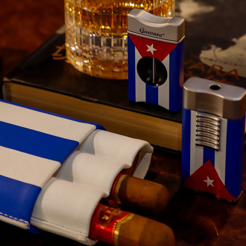 Luxury Cuban flag cigar accessories 3 pcs Genuine Leather Cigar Case stand v cutter and lighter