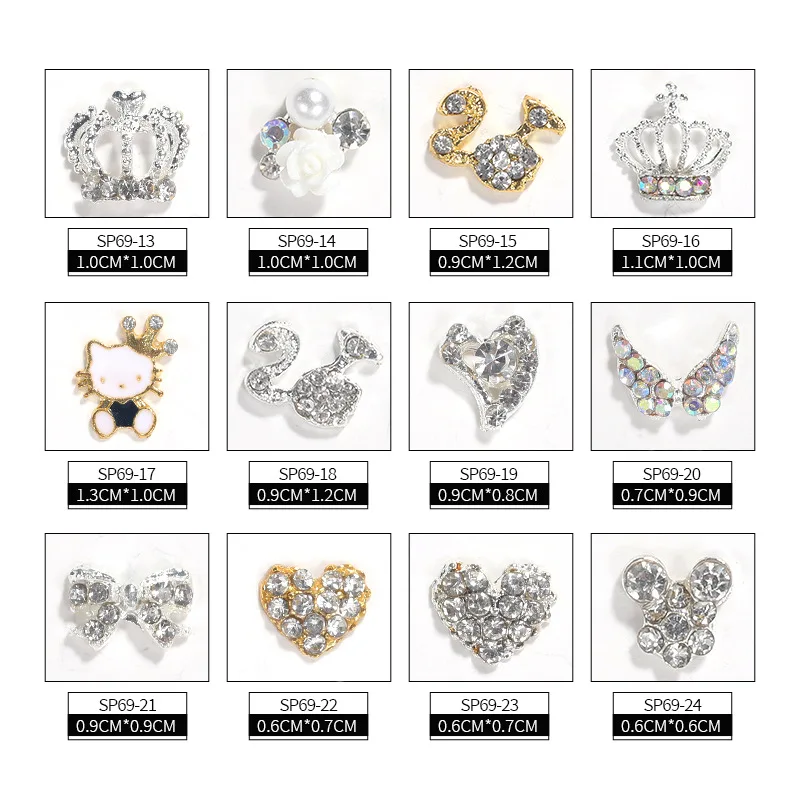Free sample AB Diamond Nail Art Alloy Ornament Ketty Cat Love Swan Wings White Crown Nail Ornament
