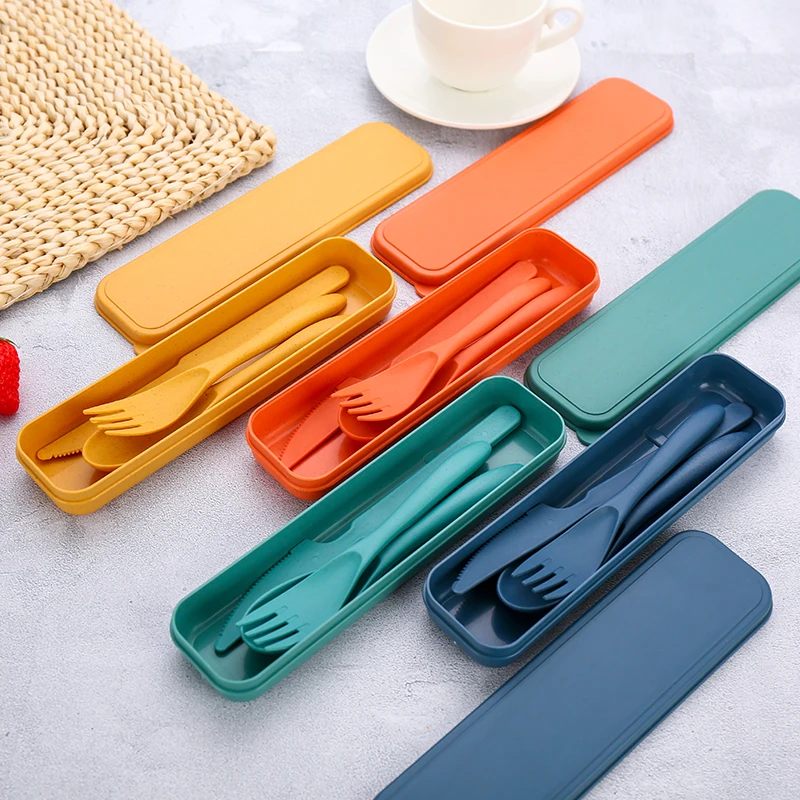 Amazon New Color Eco-friendly Cutlery Wheat Straw BPA Free Plastic Knife Spoon Fork Cutlery Set with Portable Box