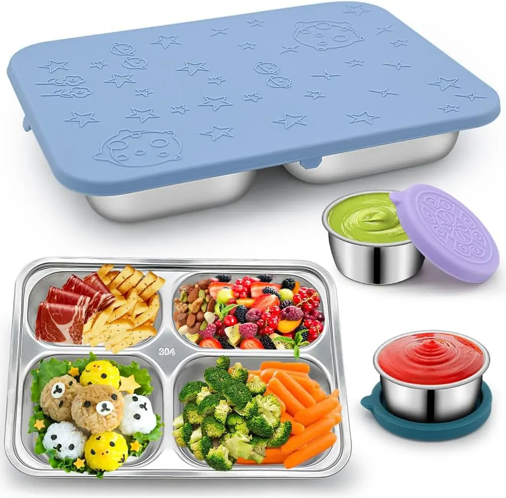 Stainless Steel Tray 4 Compartment Fast Food Tray Rectangular Tray Dinner Plates Lunch Boxes For School Kids