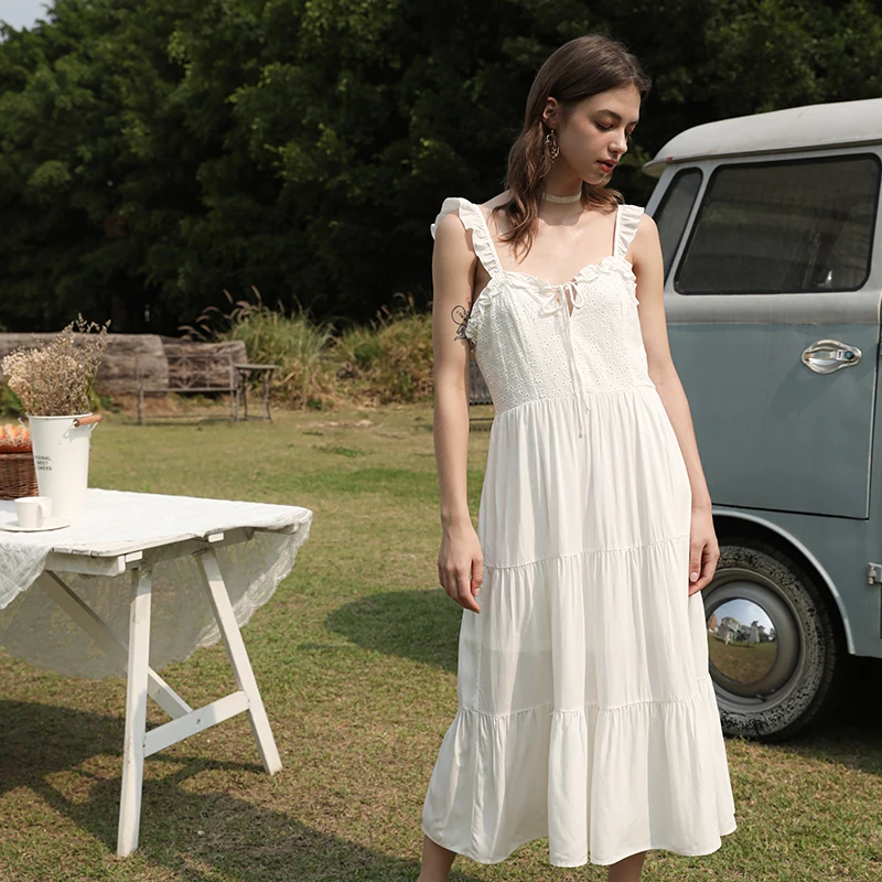 Ruffled Detail White Midi Dress Summer Vacation Style Casual Tiered Dress Custom