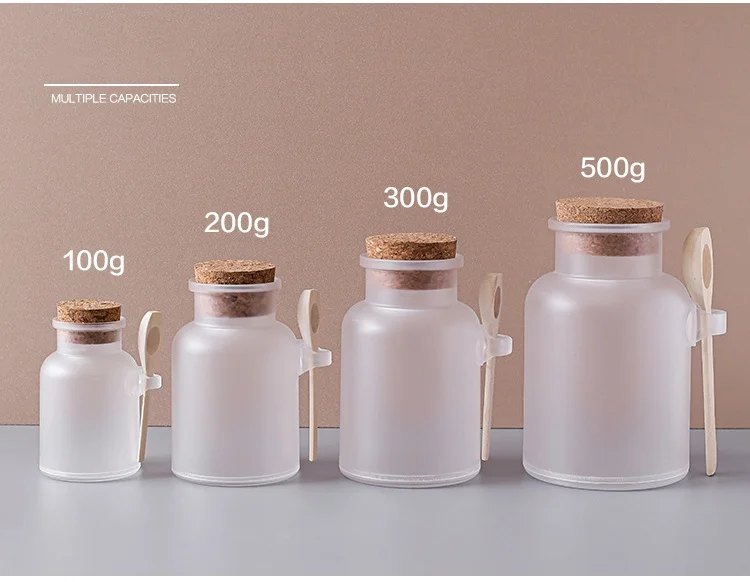 Hot selling 100ml 200ml 300ml 500ml Plastic Jar Clear Frosted Bath Salt Bottle With Cork For Personal Care Packaging