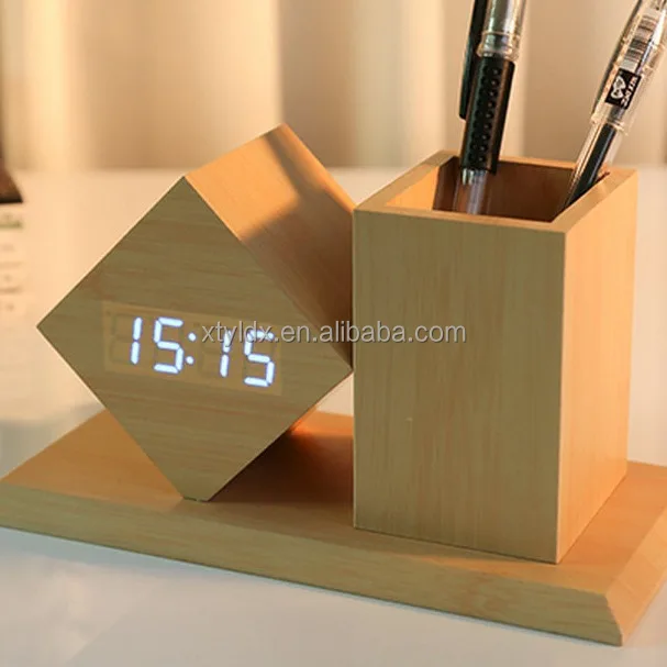 Креативные цифровые светодиодные настольные часы с деревянным держателем для ручек многофункциональный офисный аксессуар модное украшение