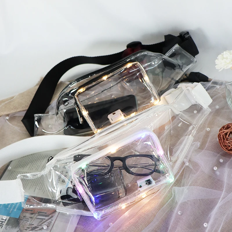 Оптовая продажа, низкая цена, прозрачная сумка на пояс из ПВХ со светодиодной подсветкой, индивидуальная шелковая сумка с логотипом и подсветкой