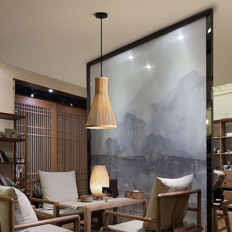 New Vintage Bamboo Wicker Rattan Wave Shade Pendant Light Hanging Ceiling Lamp Fixture Home Decor Bamboo Lampshade