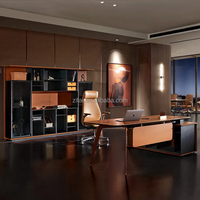 Zitai High Quality Designer Office Furniture Luxury Mdf Office Desk Boss CEO Executive Office Table With Veneer And PU Leather