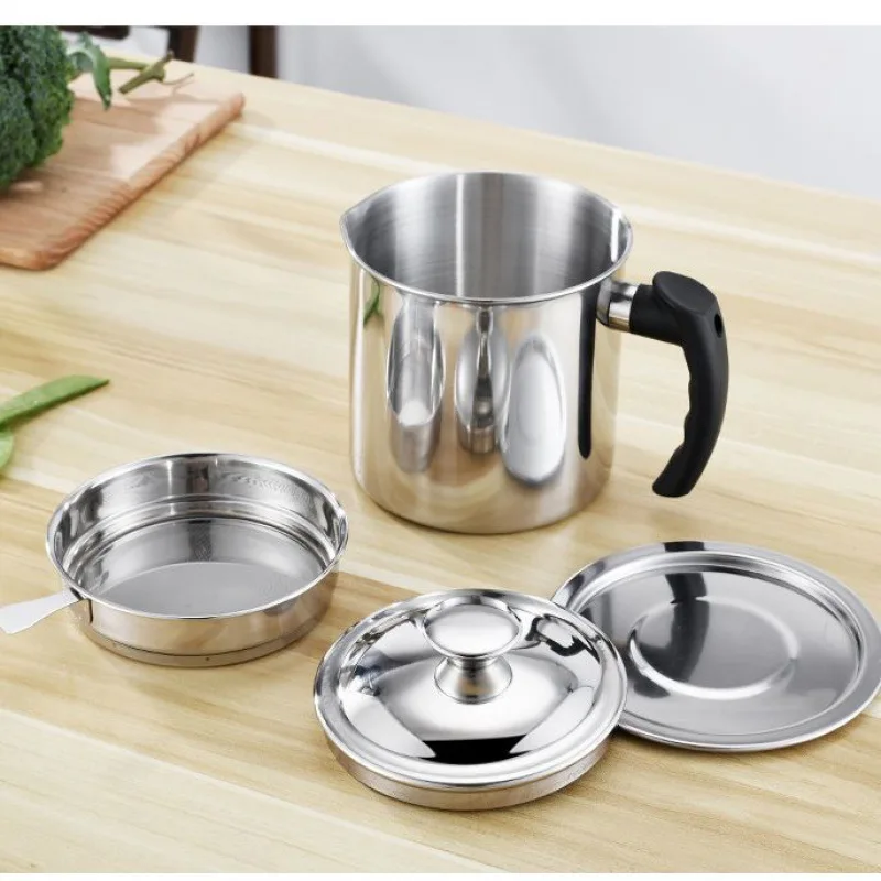 304 Stainless Steel Kitchen Container Home Cooking Oil Filter Pot for Bacon Grease Soup Dregs Gravy Boats