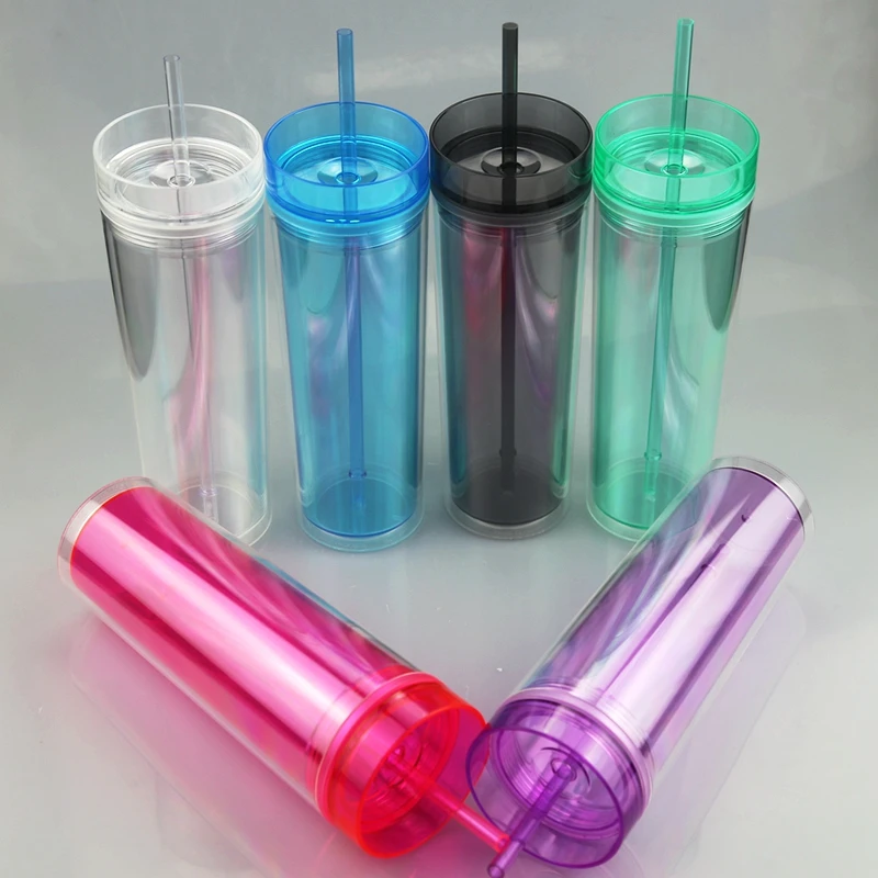 Wholesale 22oz Clear Double wall Acrylic skinny tumbler with lid and straw Summer water bottle