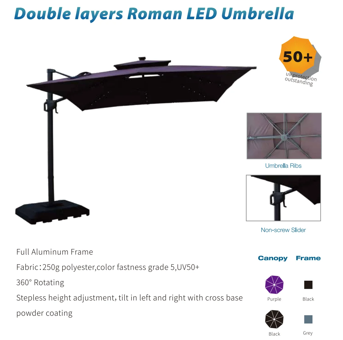 Swimming Pool Aluminum Large Outdoor Double Layers Parasol Garden Sun Patio Roman Umbrellas with Led Light
