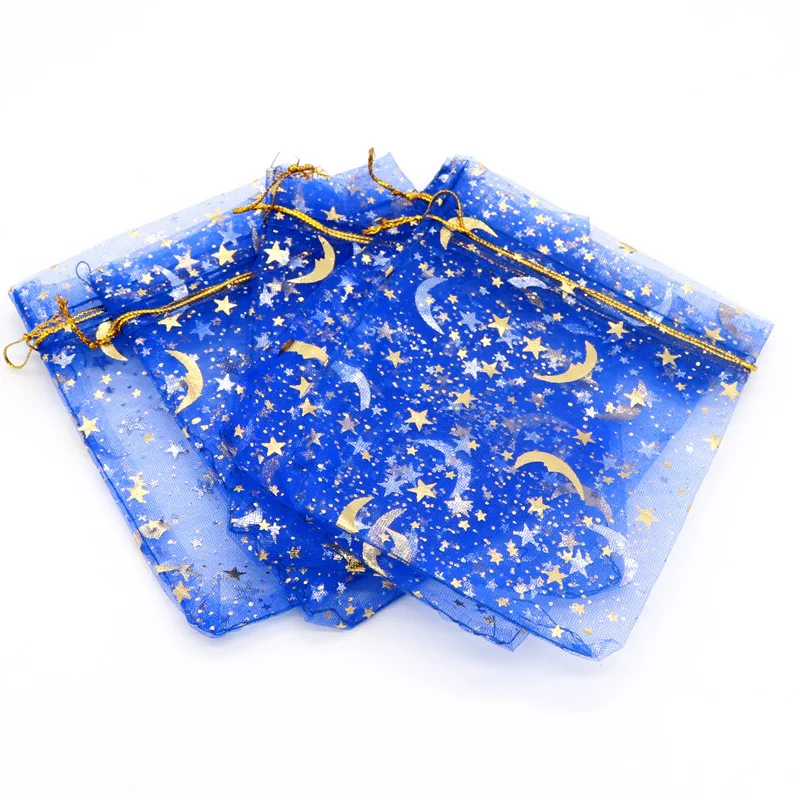 13x18 cm 5x7 inches Gold Star and Moon Printed Small Blue Colored Package Mesh Jewelry Eco Gift Bags Organza Drawstring Bag