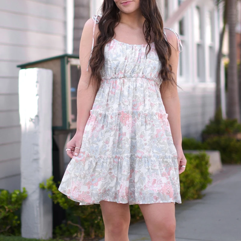 Y2K 2022 Summer Vacation Leisure Elegant Spaghetti Straps Tiered Multi Coloured Ruffled Woman Floral Green Dress