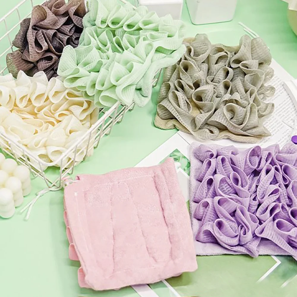 Soft Loofah and Washcloth 2 in 1 Bath Loofah Sponge Bath Ball Towel with Drawstring Shower Sponge for Body