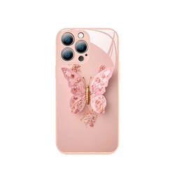 Luxury Flat Butterfly Pattern Phone Cover For Iphone 15 Pro 14 13 12 Pro Max 11 Shockproof Bumper Tempered Glass Case