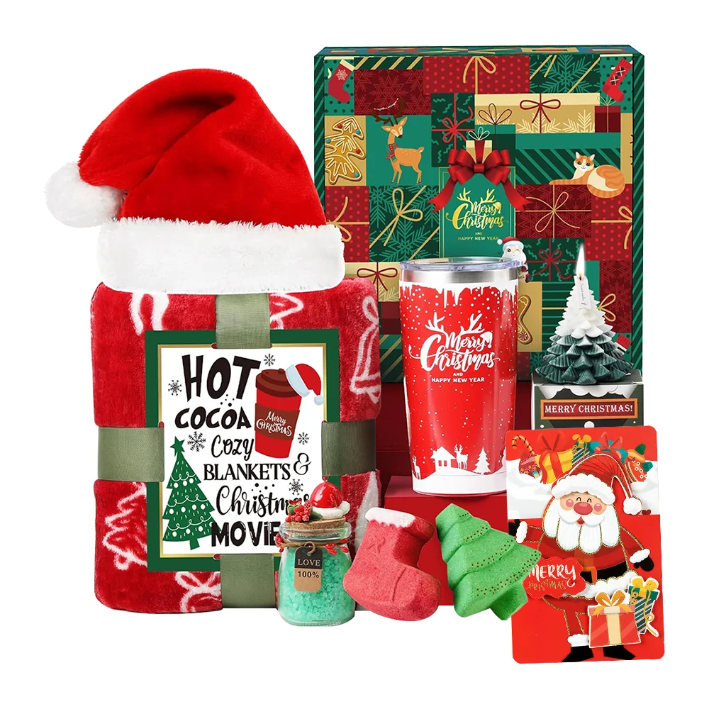 New product in 2023 Christmas customize get well soon gifts sets for man and women red blanket cap wholesale self care gift set