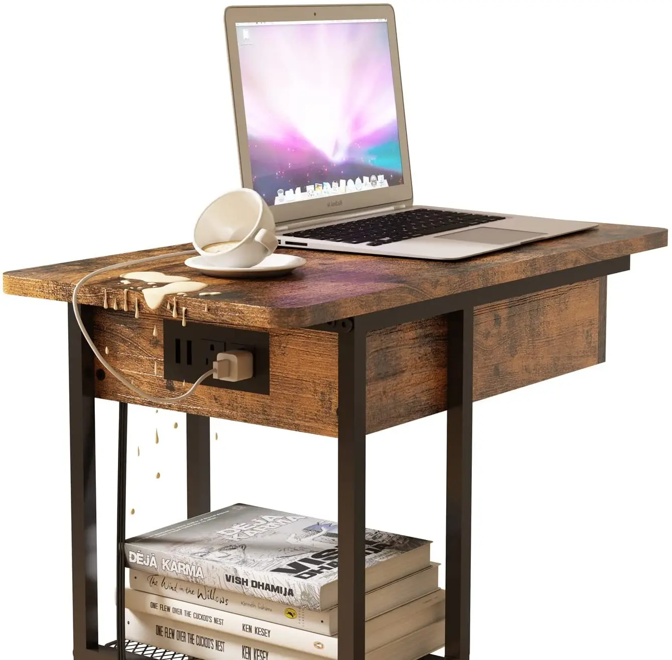 End Table with Charging Station C Shaped Snack Table for Small Spaces Flip Top Side Table with USB Ports Power Outlets