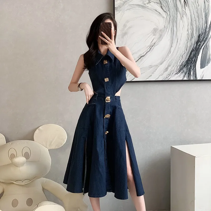 Vintage Slit Casual Midi Dress For Women Empire Hollow Out Denim Dress