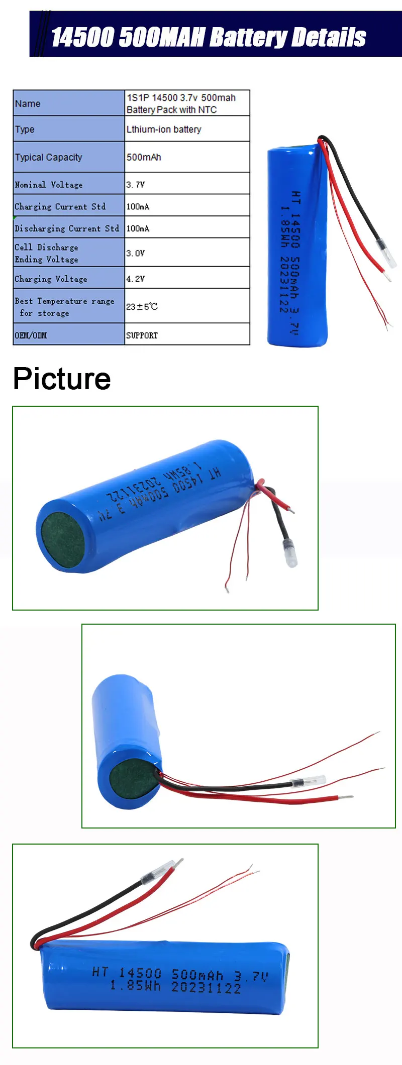 High Quality Li-ion Battery Cell 14500 500mAh 3.7V Rechargeable Lithium Battery Packs with NTC for POS Machinery
