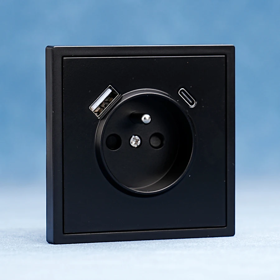 EU Standard Square Black Color Wall French Socket USB-C Electrical Wall Switch Socket with USB Charging Ports Type A+C
