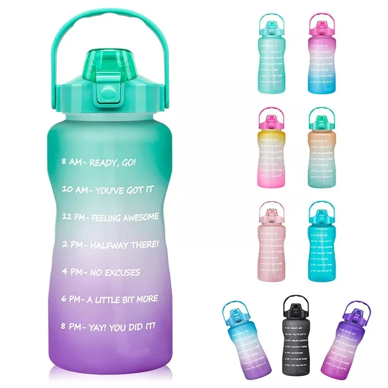 Tritan BPA Free Water Jug 64oz Motivational Plastic Gallon Water Bottle With Time Marker Straw for Fitness Gym Sports