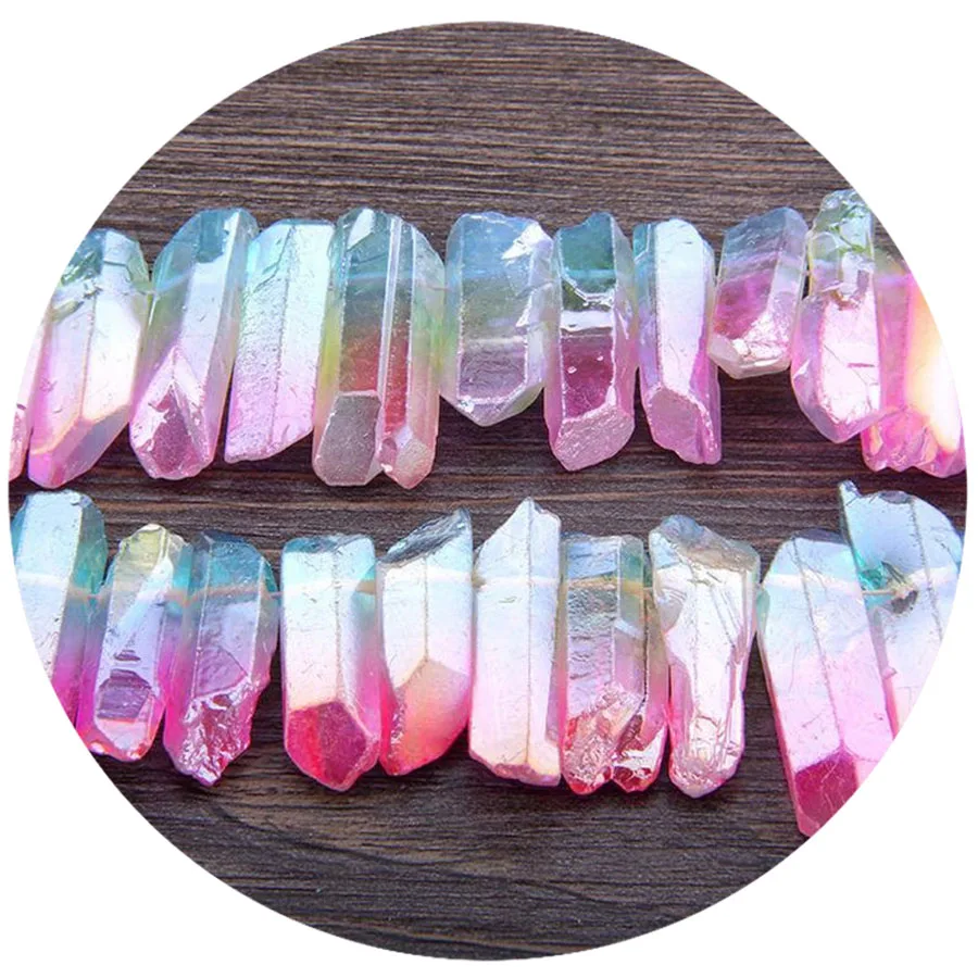 Hongyu Rough Rainbow Pink Green Crystal Points Raw Quartz Spike Beads Top Drill Graduated Tiny Crystal Pendant 5-10mmx25-30mm