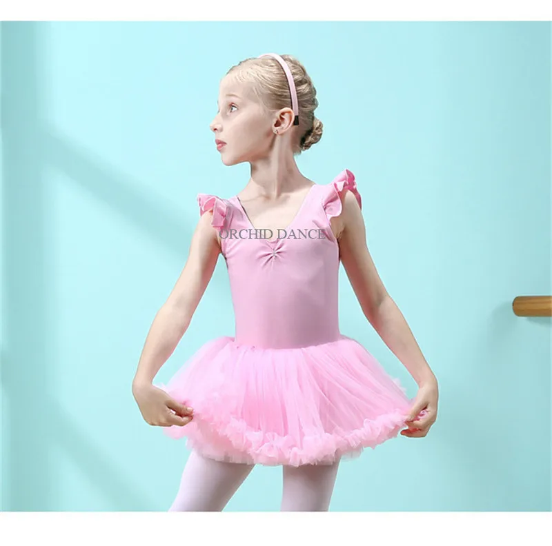 Hot Sale High Quality Cute Kids Girls Pink Light Purple Ballet  Tutu Dance Dress Flutterfly Sleeves Ballet Costume