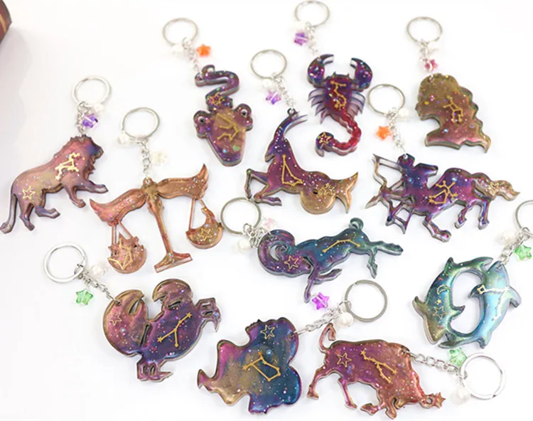 2021 diy crystal resin drop glue twelve constellation animal shiny keychain pendant silicone mold