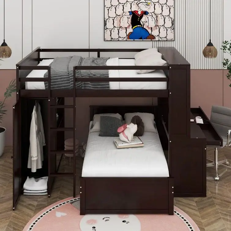 Modern Home Furniture Wooden Bedroom Bunk Loft Bed Fram Furniture Full Size Bunk Bed with Twin Study Desk