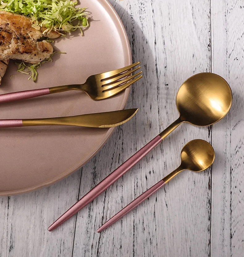Luxury pink Gold Wedding Spoon Fork Set Couverts or Rose Metal Cubiertos Cutlery Stainless Steel 1810 Silverware Flatware
