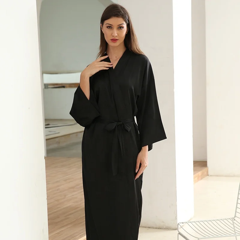 Long luxury ladies nightgown black bathrobe satin bridesmaid robe women plain kimono robe 6040